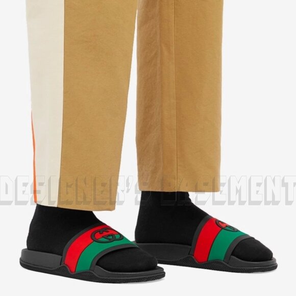 GUCCI men 10 Agrado INTERLOCKING G Logo Black Green Red rubber Slide sandals NIB - Picture 10 of 11